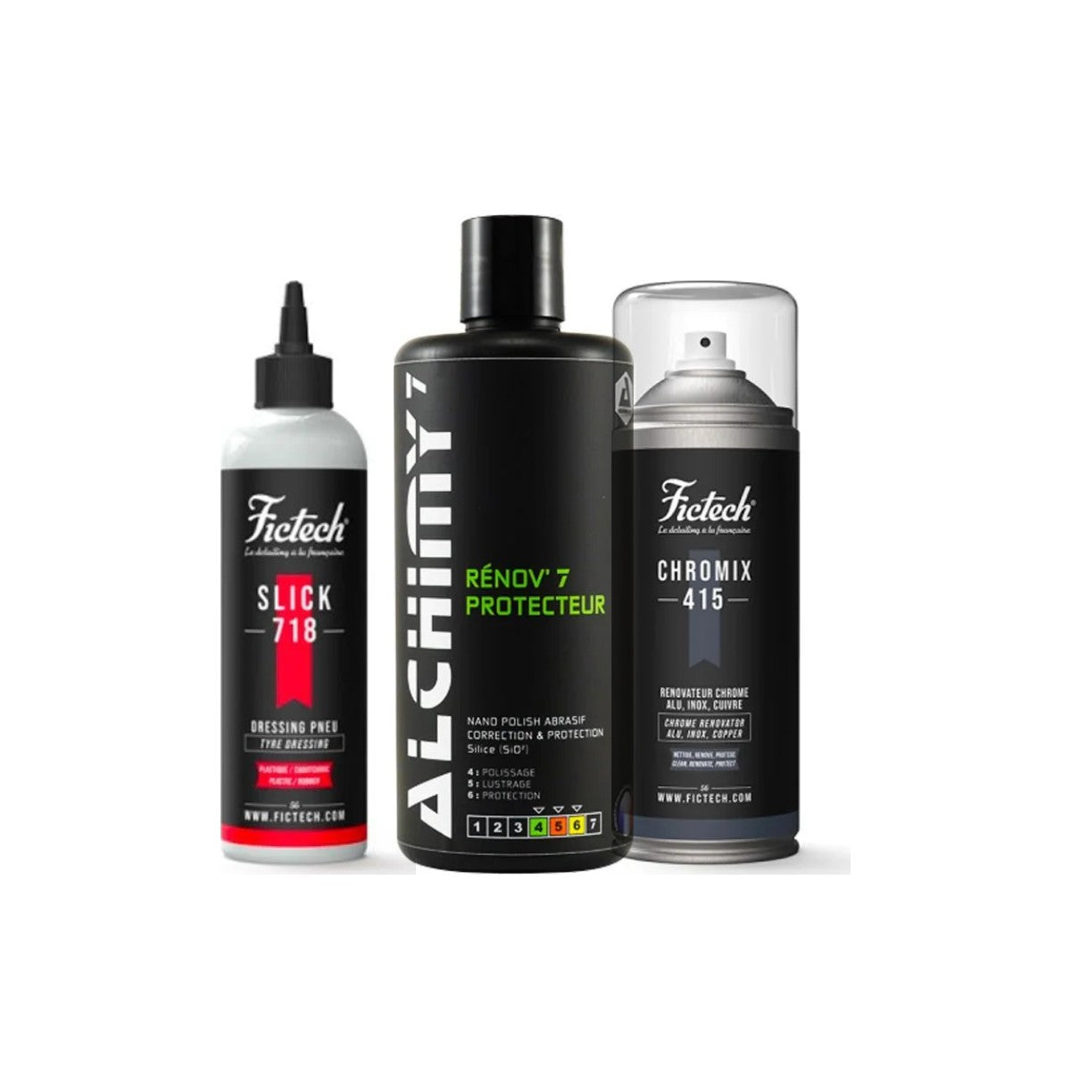 Pack rénovation moto : Slick Fictech, Polish Rénov'7 Alchimy7 et Chromix 415 Fictech