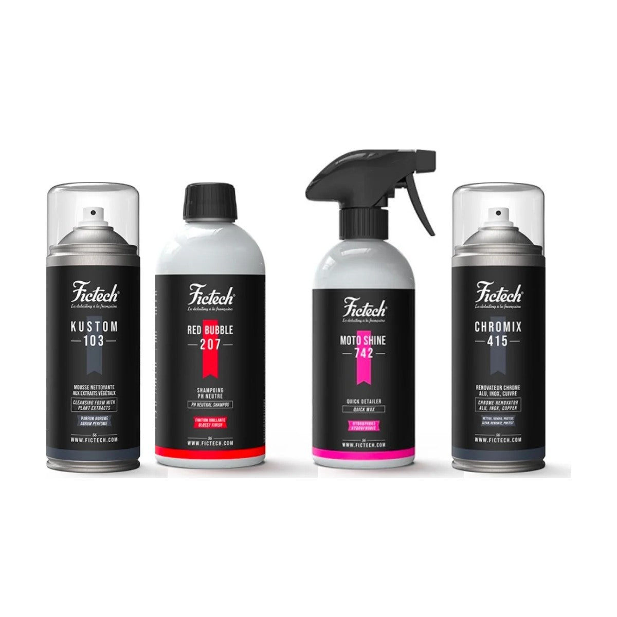 Coffret cadeau motard : Kustom 103, Red Bubble 207, Moto Shine 742 et Chromix 415 Fictech