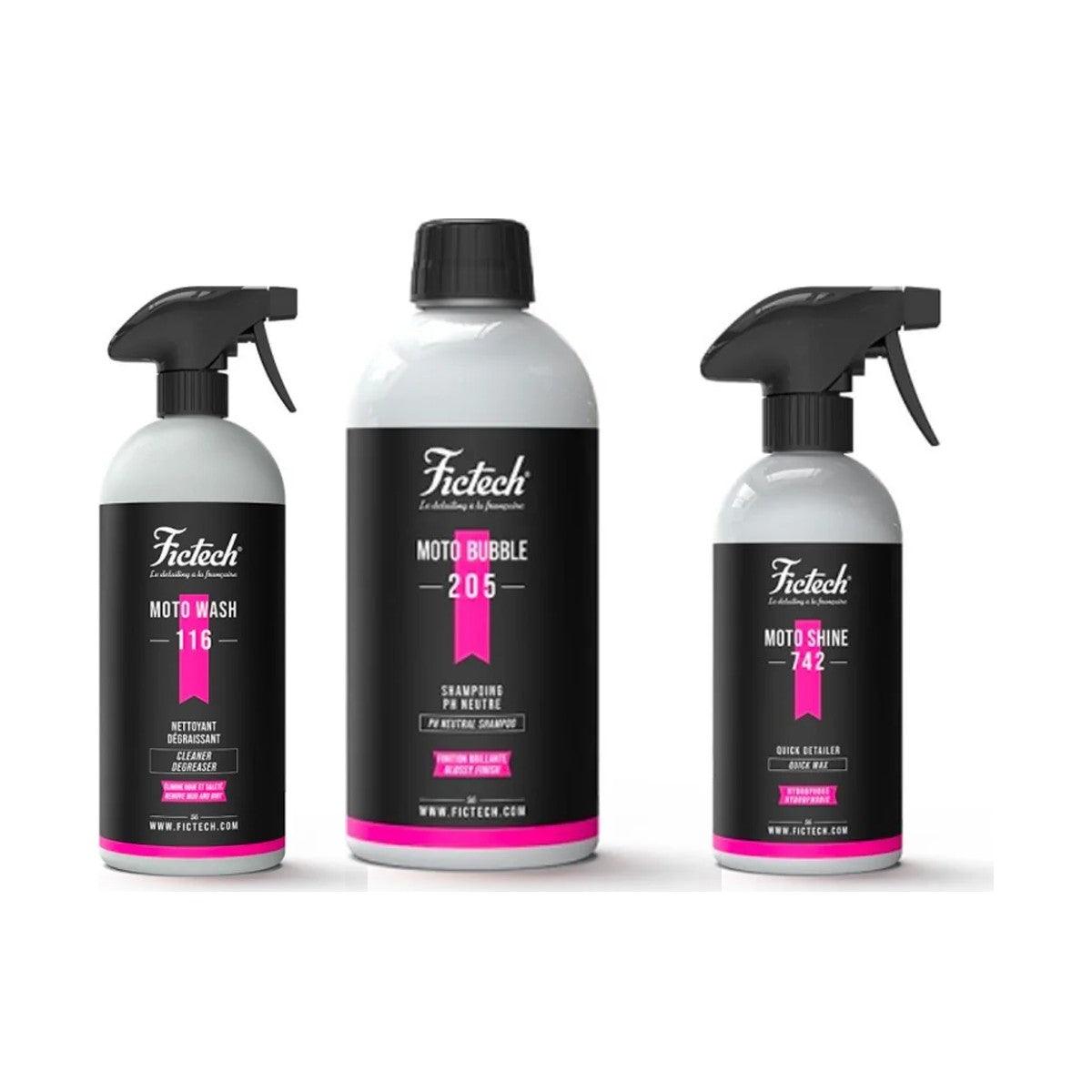 Pack lavage moto peinture brillante : Moto Wash 116, Shampoing Moto Bubble et Moto Shine 742 Fictech