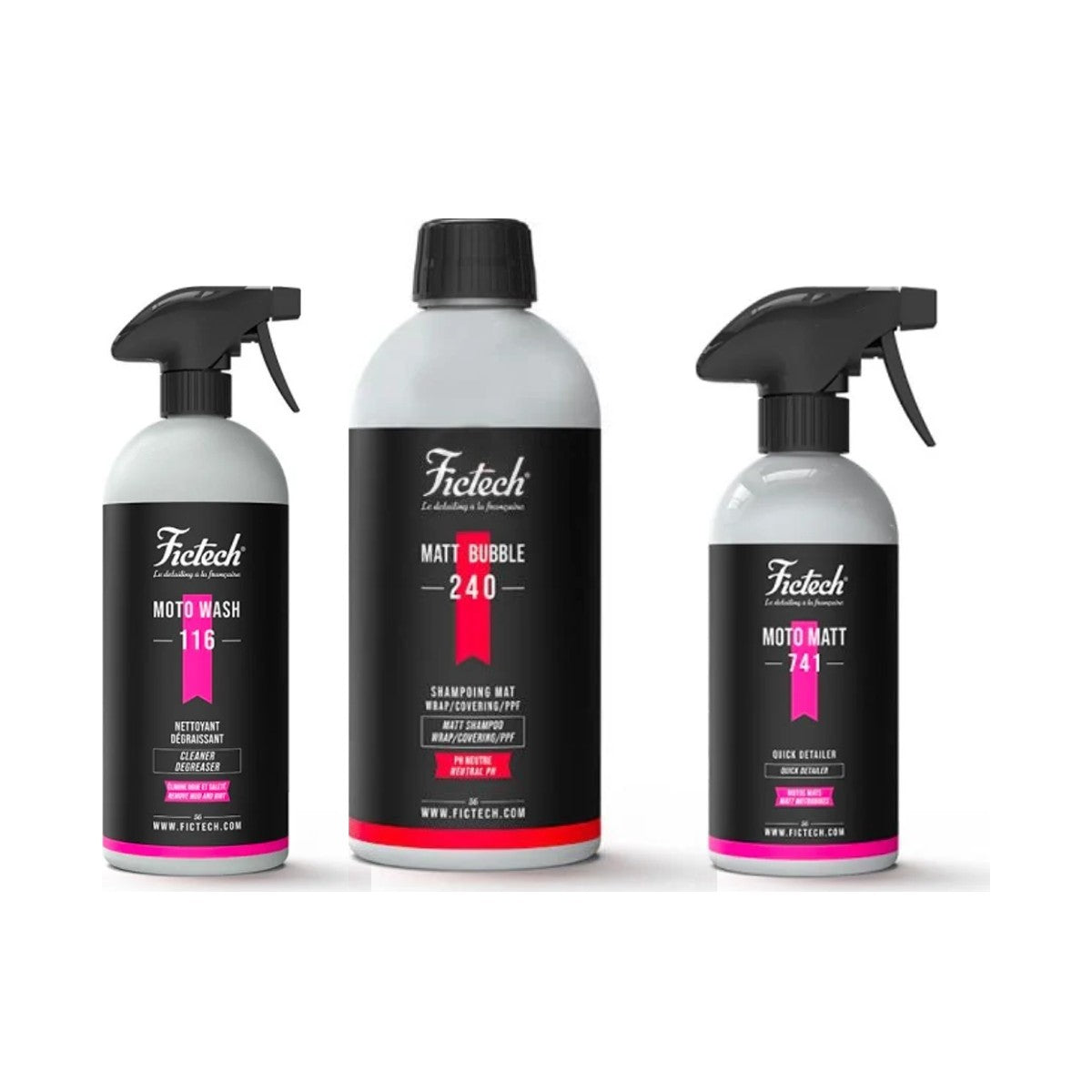 Pack lavage moto peinture mate : Moto Wash 116, Matt Bubble 240 et Moto Matt 741 Fictech