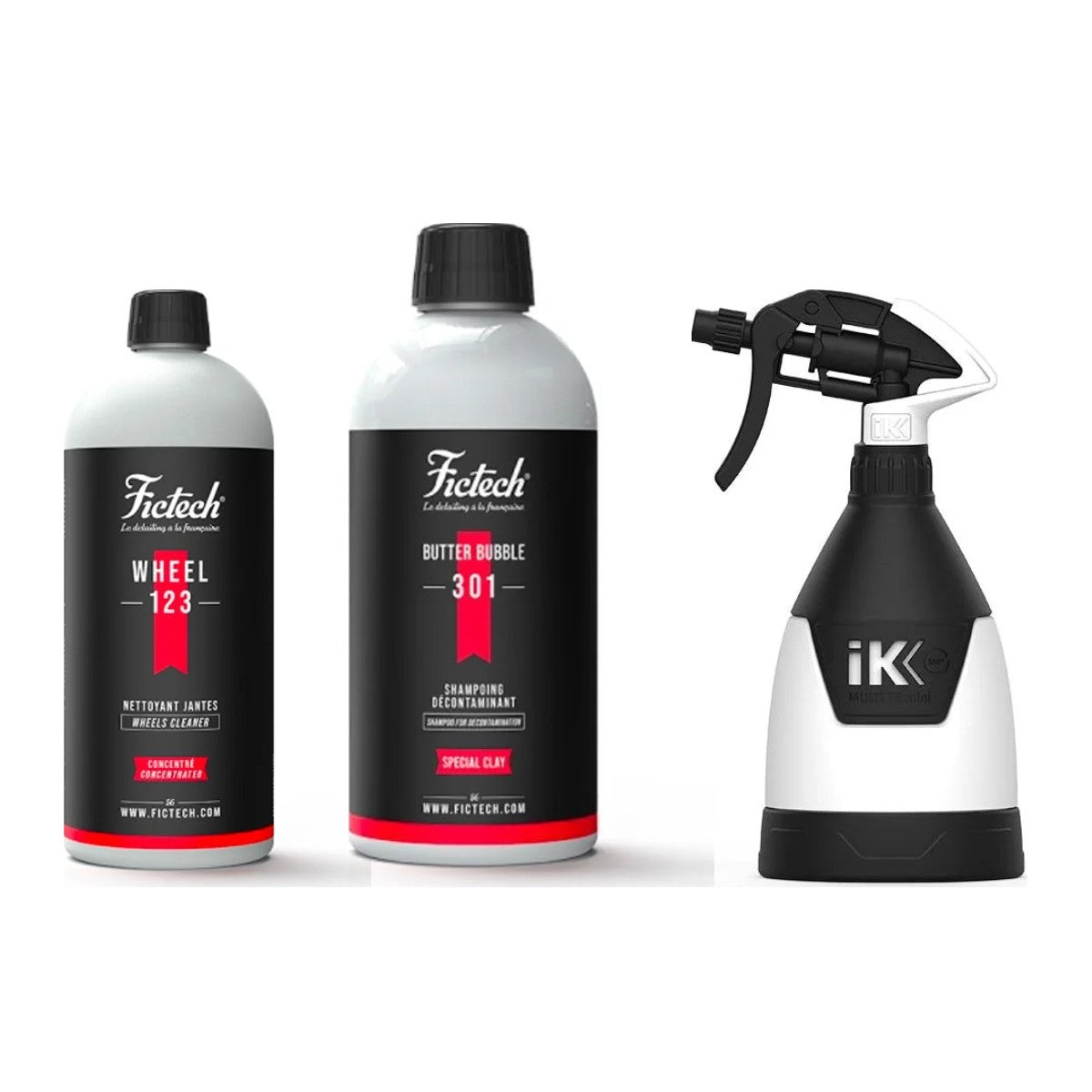 Pack nettoyage jantes et décontamination moto : Wheel 123, Butter Bubble Fictech et pulvérisateur IK
